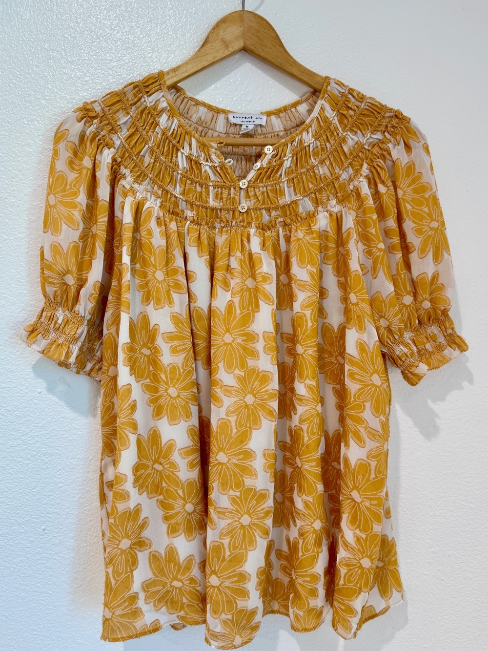 Anthropologie Current Air Boho Yellow Floral Smocked Yoke Keyhole Blouse Top M